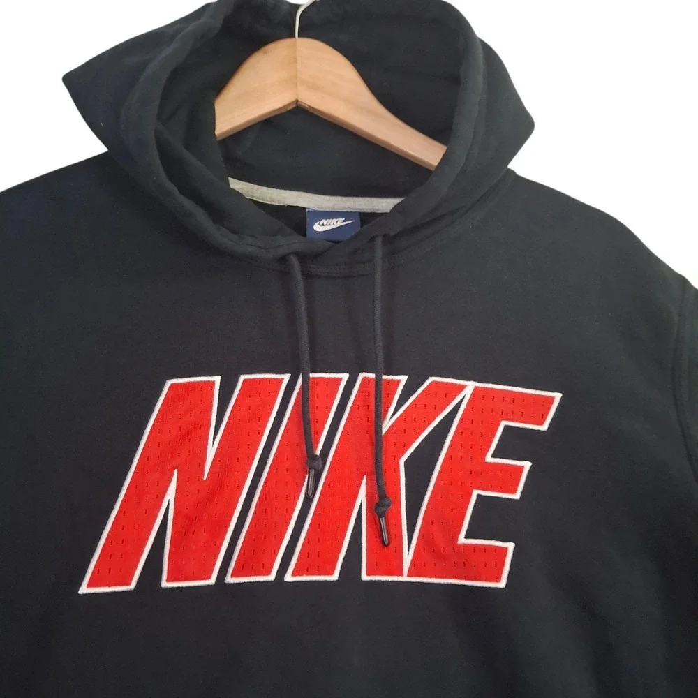 Vintage Nike Hoodie Mens Large Black Pullover Red Graphic Logo Sweatshirt Y2K